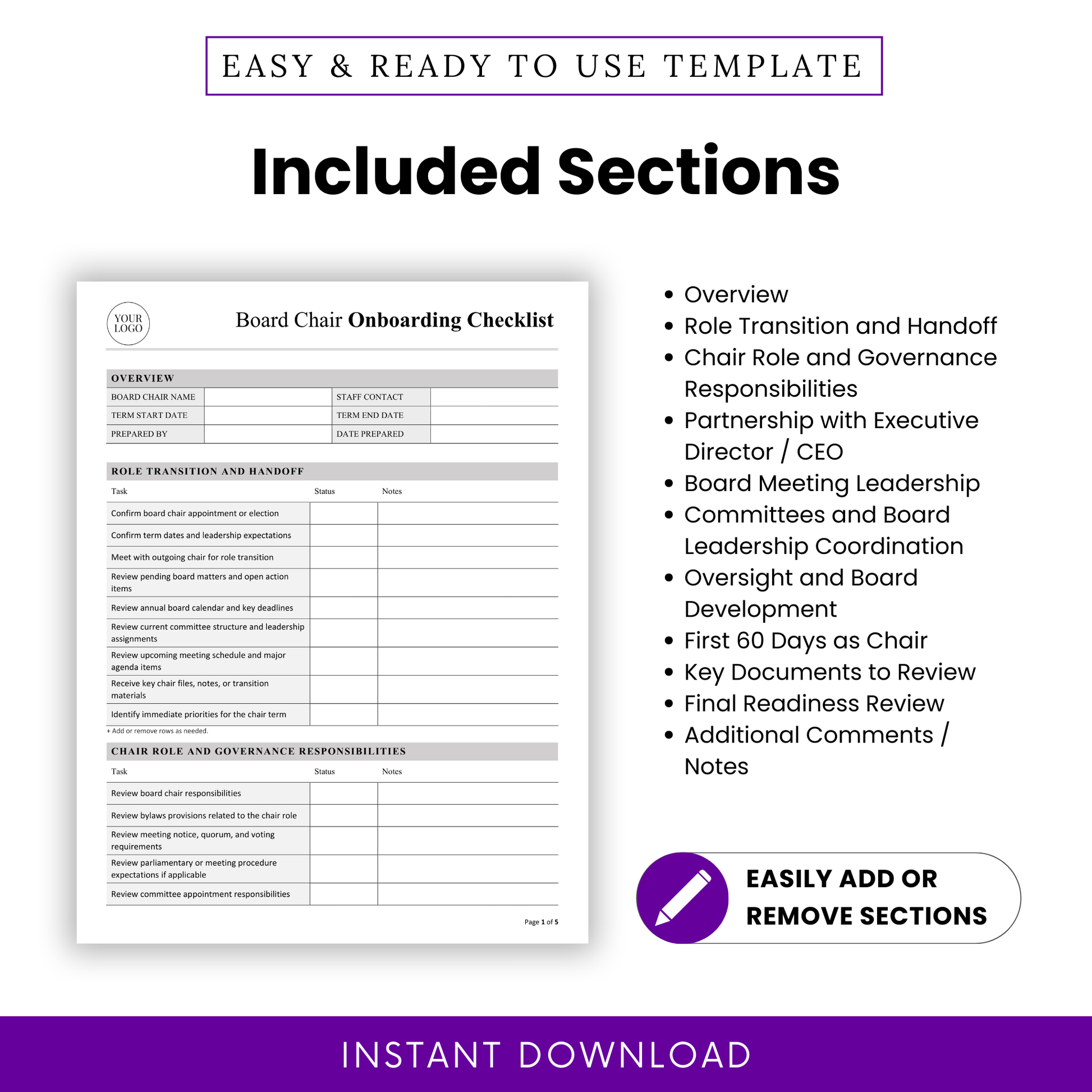 Editable nonprofit board chair onboarding checklist template showing included sections such as overview, role transition and handoff, governance responsibilities, executive director partnership, board meeting leadership, committees, oversight, key documents, and readiness review