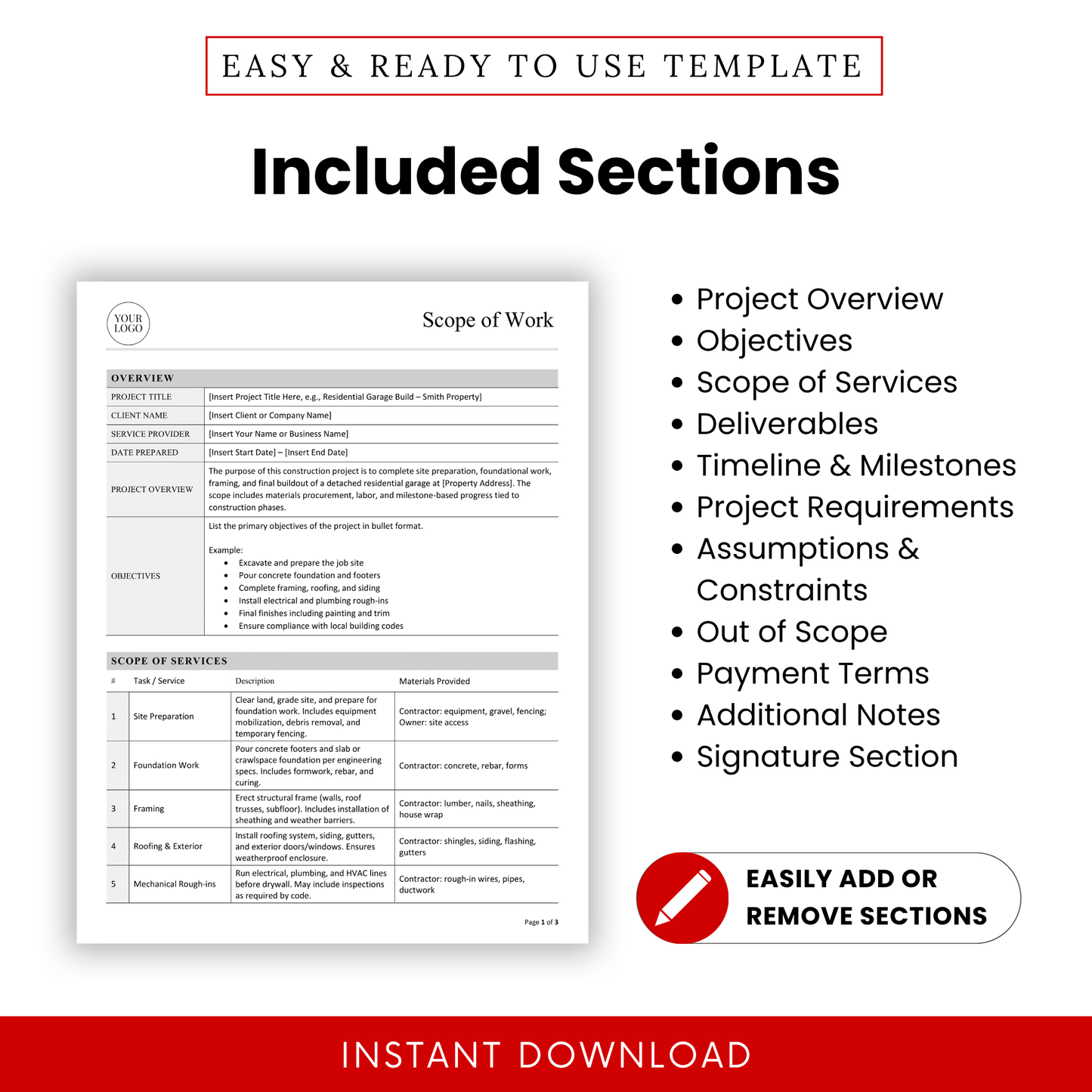 Editable Scope of Work Template showcasing sections like project overview, objectives, scope of services, deliverables, and payment terms. This professional Scope of Work Template Word is perfect for creating detailed, customizable documents for construction, freelance, or client-based work.