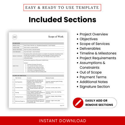 Editable Scope of Work Template showcasing sections like project overview, objectives, scope of services, deliverables, and payment terms. This professional Scope of Work Template Word is perfect for creating detailed, customizable documents for construction, freelance, or client-based work.
