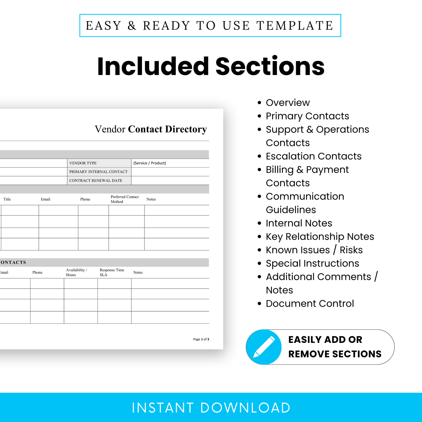 Detailed view of the Vendor Contact Directory Template sections including overview, contacts, billing, and communication guidelines. This simple Vendor Contact Directory Template PDF helps teams streamline vendor communication and maintain organized records.