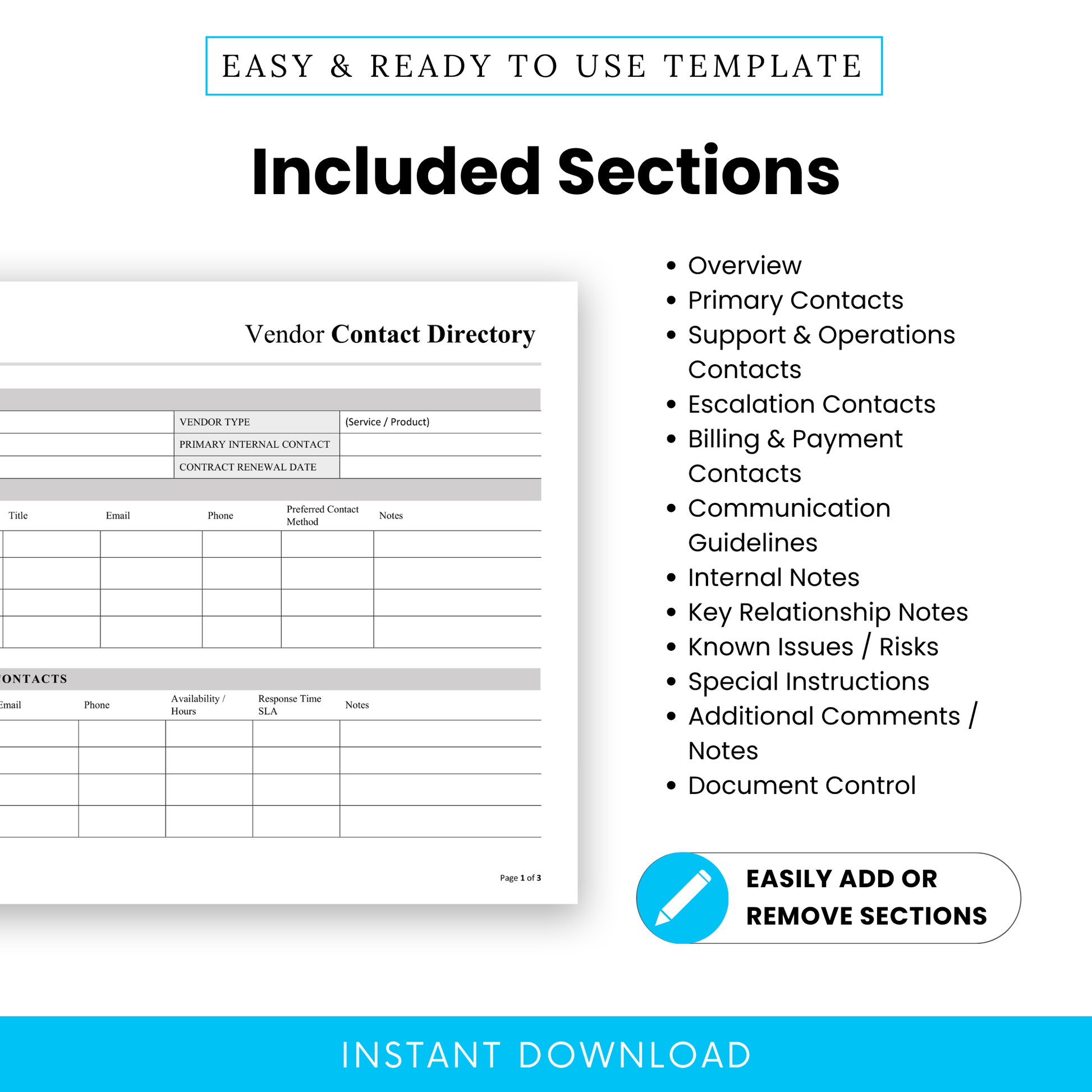 Detailed view of the Vendor Contact Directory Template sections including overview, contacts, billing, and communication guidelines. This simple Vendor Contact Directory Template PDF helps teams streamline vendor communication and maintain organized records.
