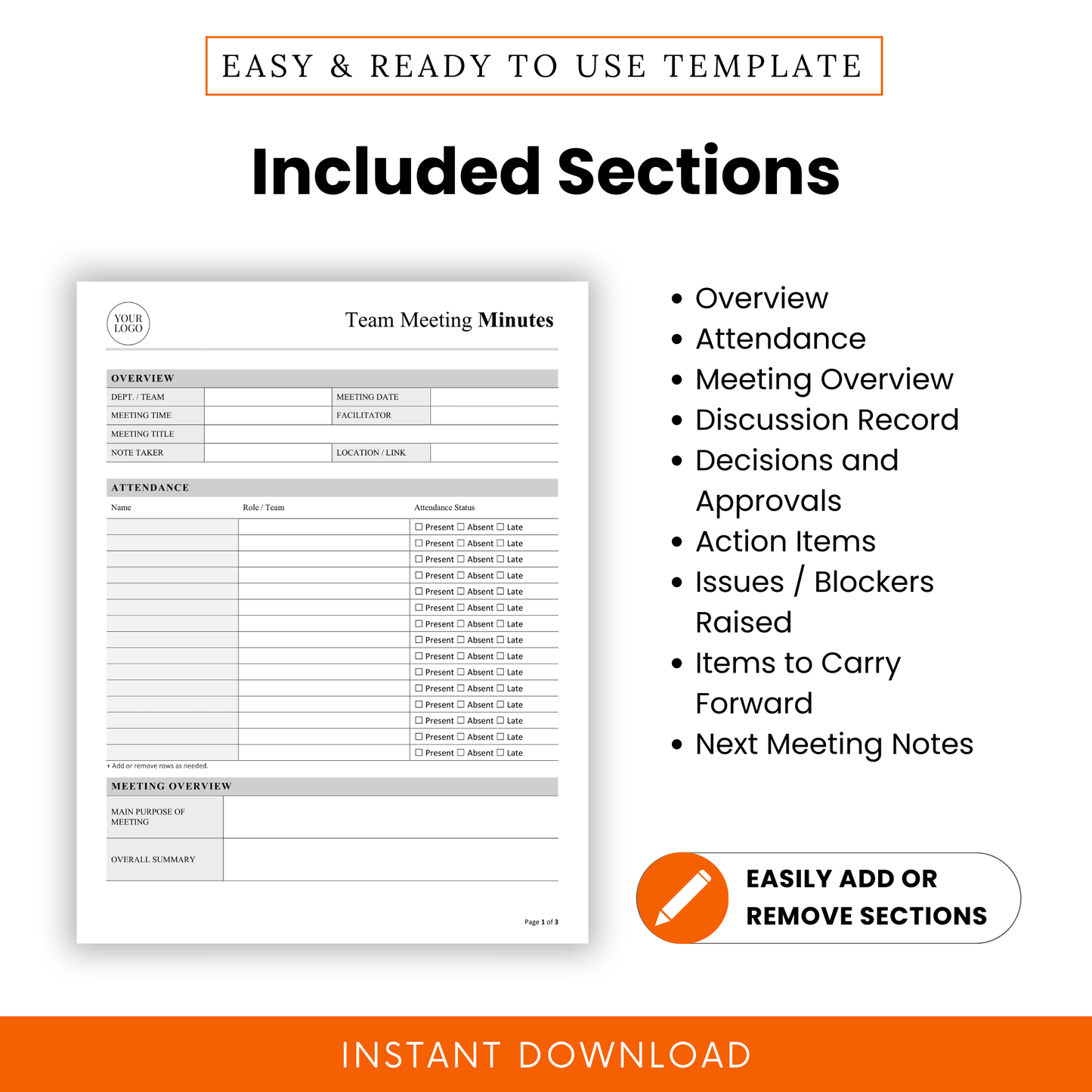 Editable meeting minutes template with sections for overview, attendance, meeting summary, discussion record, decisions, action items, blockers, and next meeting notes