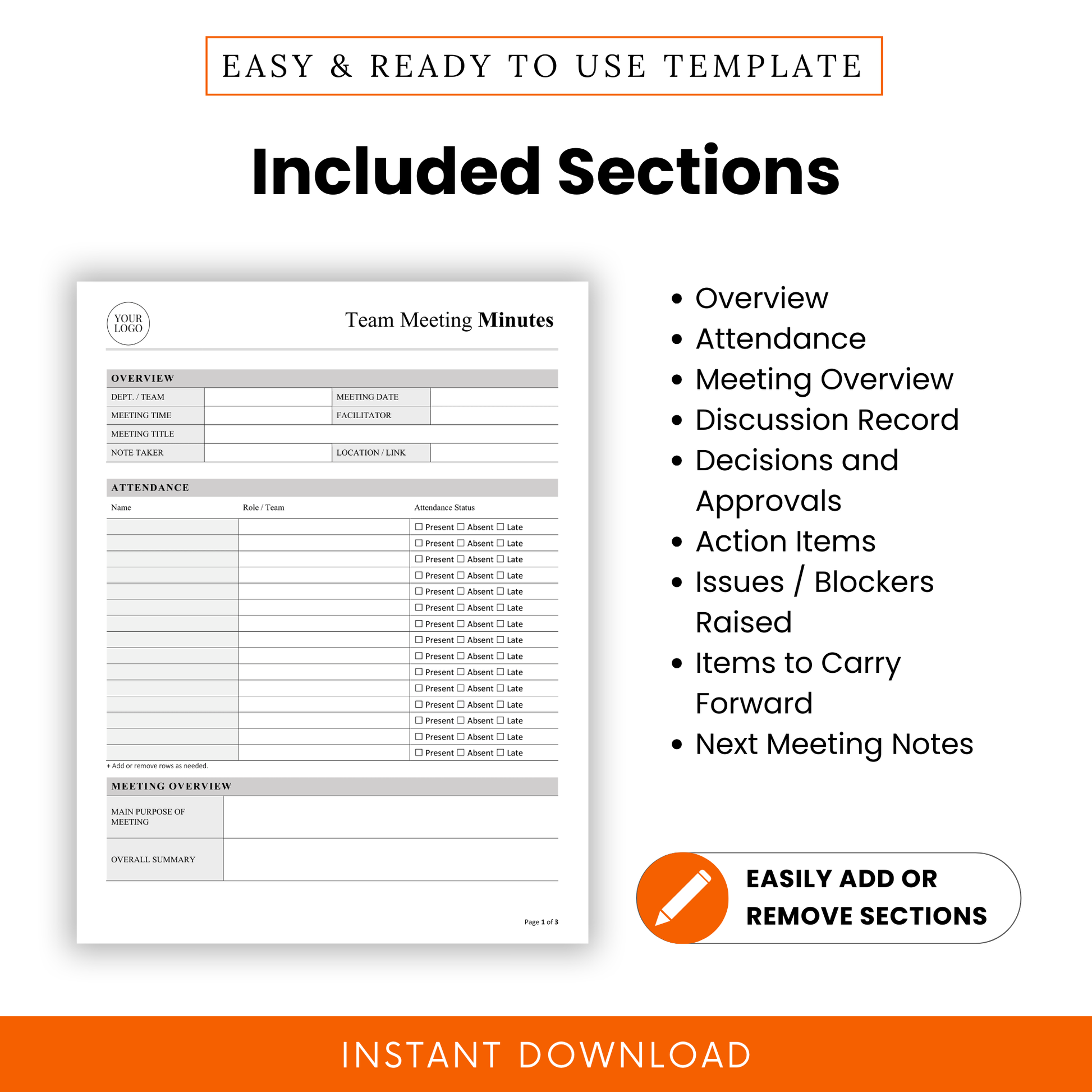 Editable meeting minutes template with sections for overview, attendance, meeting summary, discussion record, decisions, action items, blockers, and next meeting notes