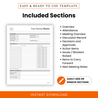 Editable meeting minutes template with sections for overview, attendance, meeting summary, discussion record, decisions, action items, blockers, and next meeting notes