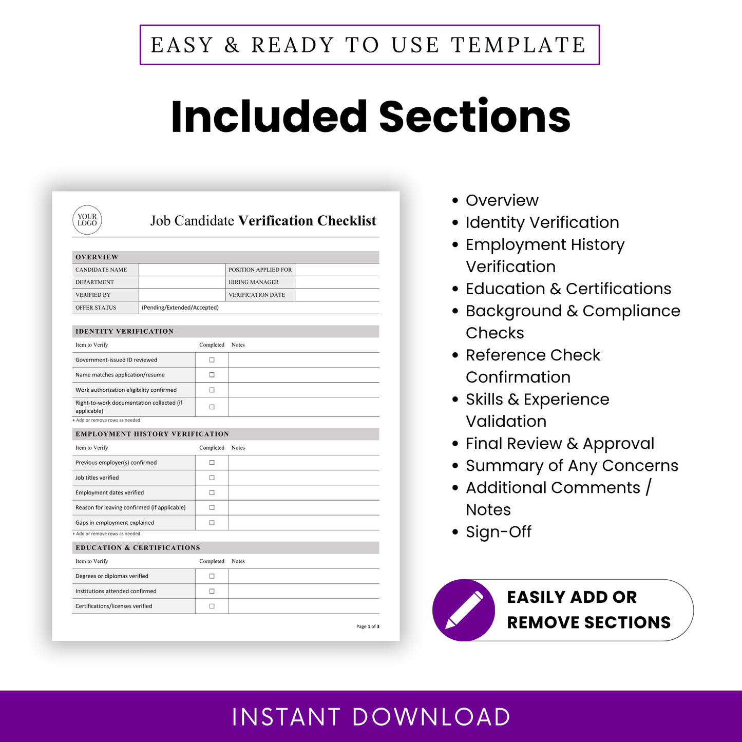 Job Candidate Verification Checklist template displaying structured sections like identity verification, employment history, and compliance checks. This printable HR template is ideal for teams needing a clear and professional hiring checklist.