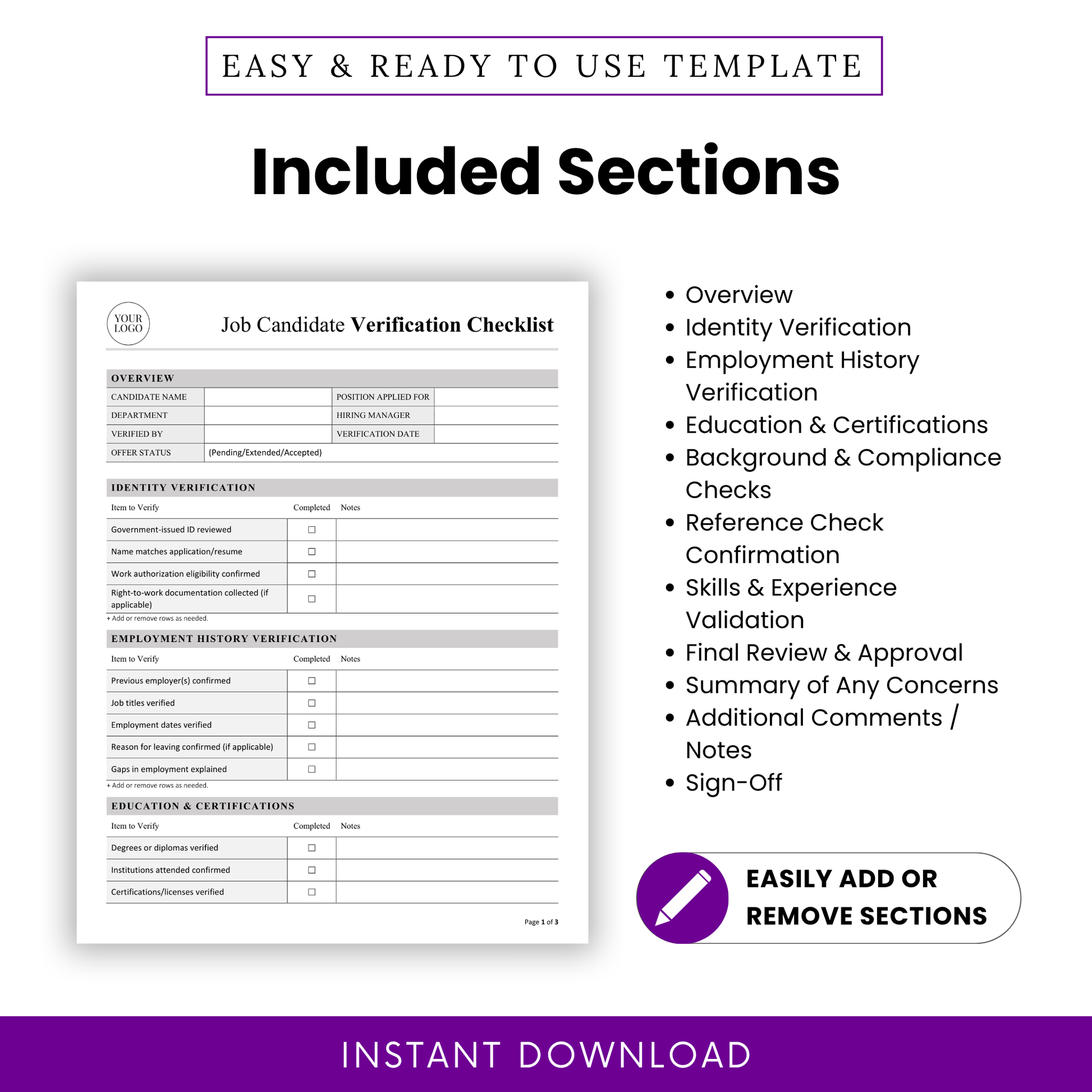 Job Candidate Verification Checklist template displaying structured sections like identity verification, employment history, and compliance checks. This printable HR template is ideal for teams needing a clear and professional hiring checklist.