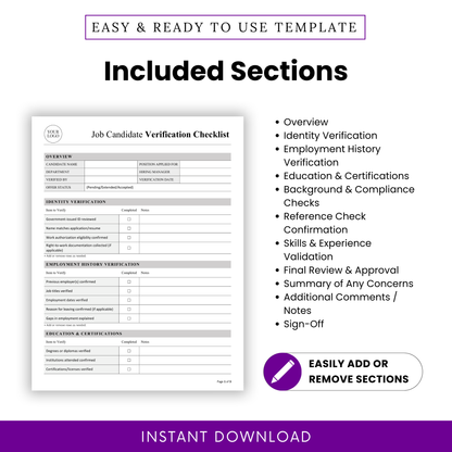 Job Candidate Verification Checklist template displaying structured sections like identity verification, employment history, and compliance checks. This printable HR template is ideal for teams needing a clear and professional hiring checklist.