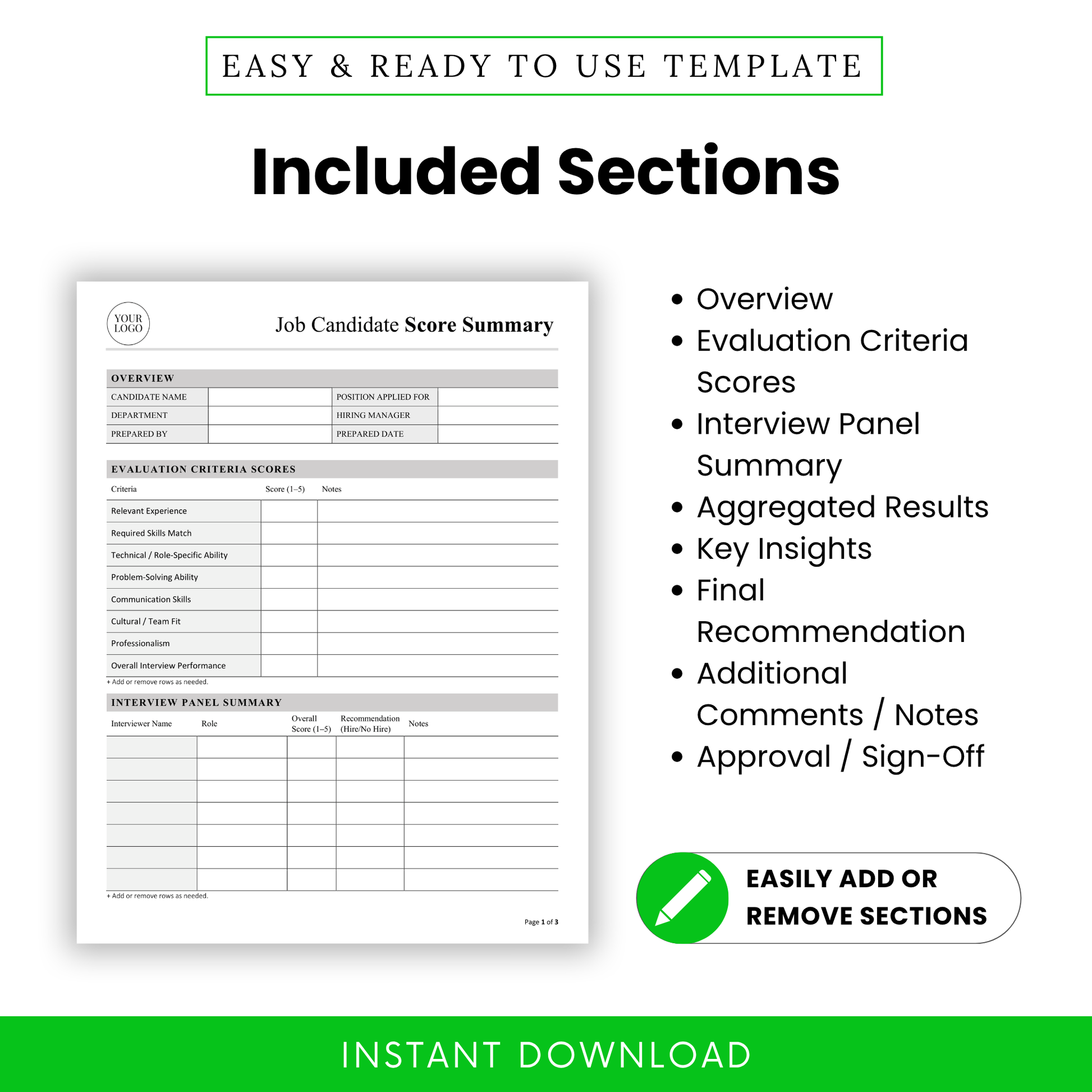 Job Candidate Score Summary Template outlining key sections like Overview, Evaluation Criteria Scores, and Interview Panel Summary. This editable recruitment template supports structured hiring workflows and clear documentation.