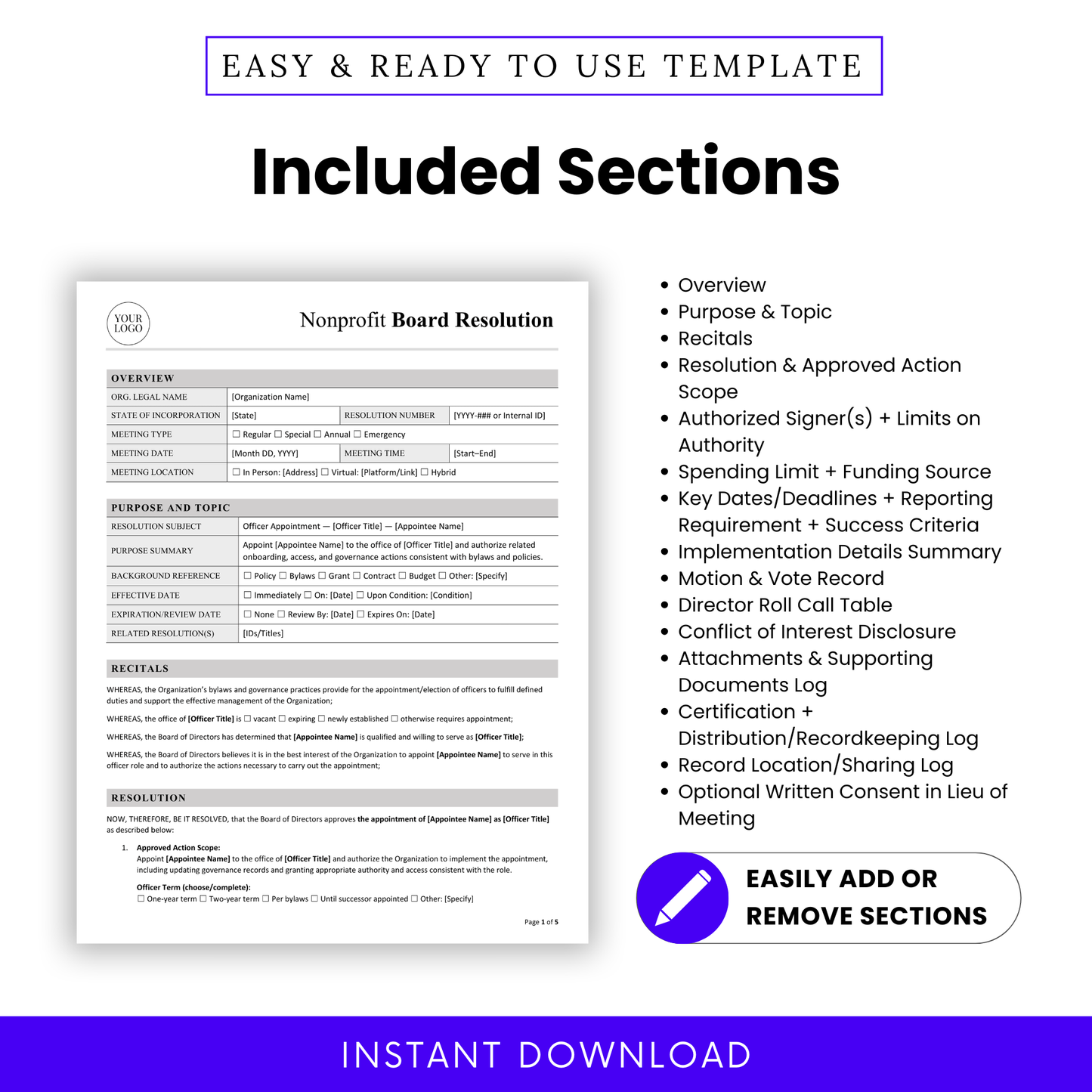 Comprehensive nonprofit board resolution template sections including overview, purpose, recitals, resolution actions, authorized signers, funding limits, reporting requirements, and compliance tracking
