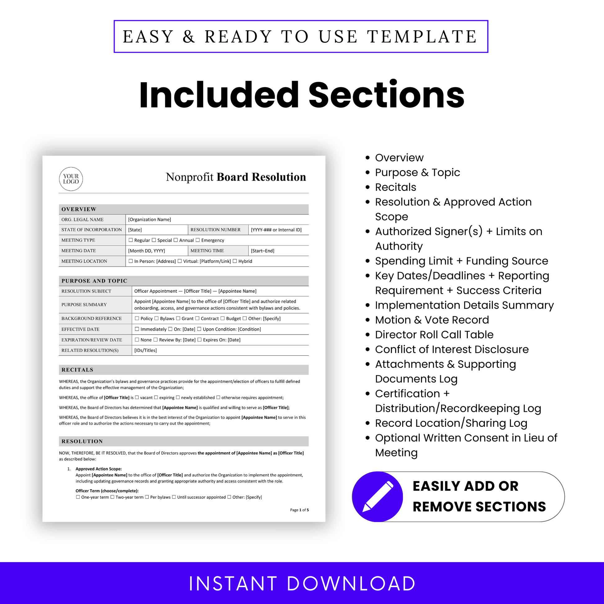 Comprehensive nonprofit board resolution template sections including overview, purpose, recitals, resolution actions, authorized signers, funding limits, reporting requirements, and compliance tracking