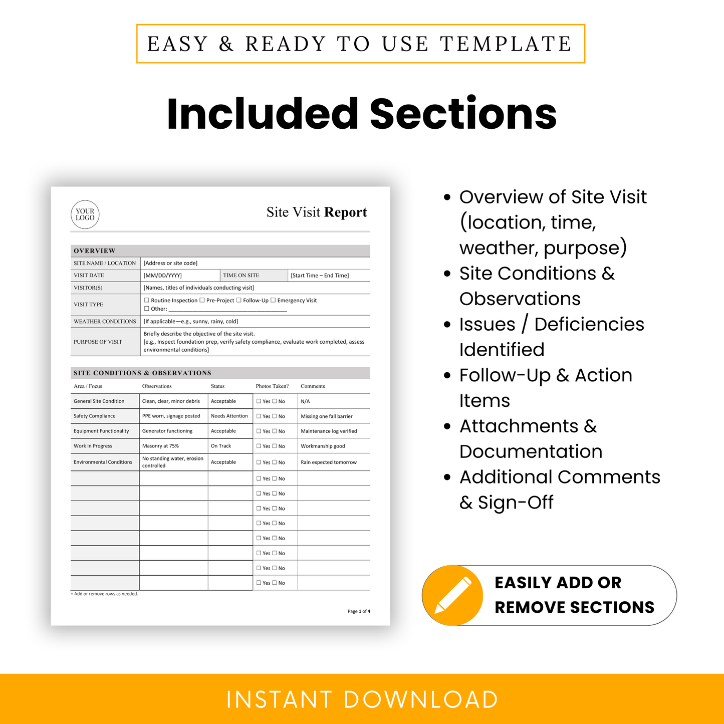 Editable site visit report template sections including project overview, site conditions observations, deficiencies log, action items tracker, attachments documentation, and comments with sign-off area