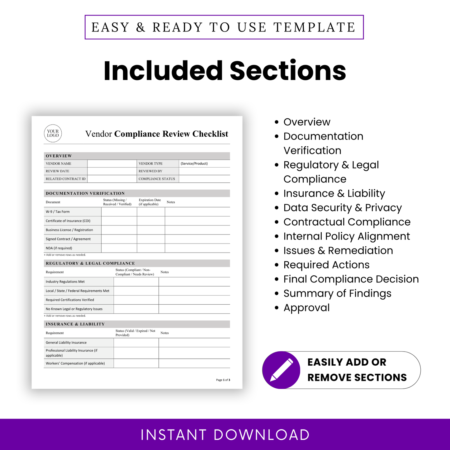 Vendor Compliance Review Template Word highlighting all included sections like documentation verification, regulatory compliance, and risk management. This printable Vendor Checklist Template helps ensure complete and organized vendor evaluations.