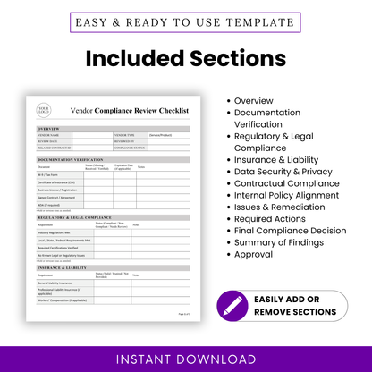 Vendor Compliance Review Template Word highlighting all included sections like documentation verification, regulatory compliance, and risk management. This printable Vendor Checklist Template helps ensure complete and organized vendor evaluations.