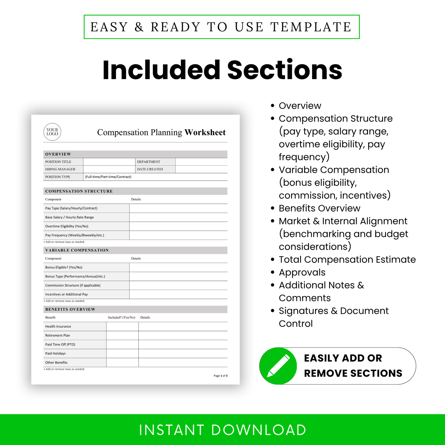 Compensation worksheet sections list including salary structure, variable compensation, benefits overview, market alignment, and approvals, HR planning template details