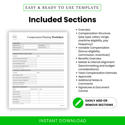 Compensation worksheet sections list including salary structure, variable compensation, benefits overview, market alignment, and approvals, HR planning template details