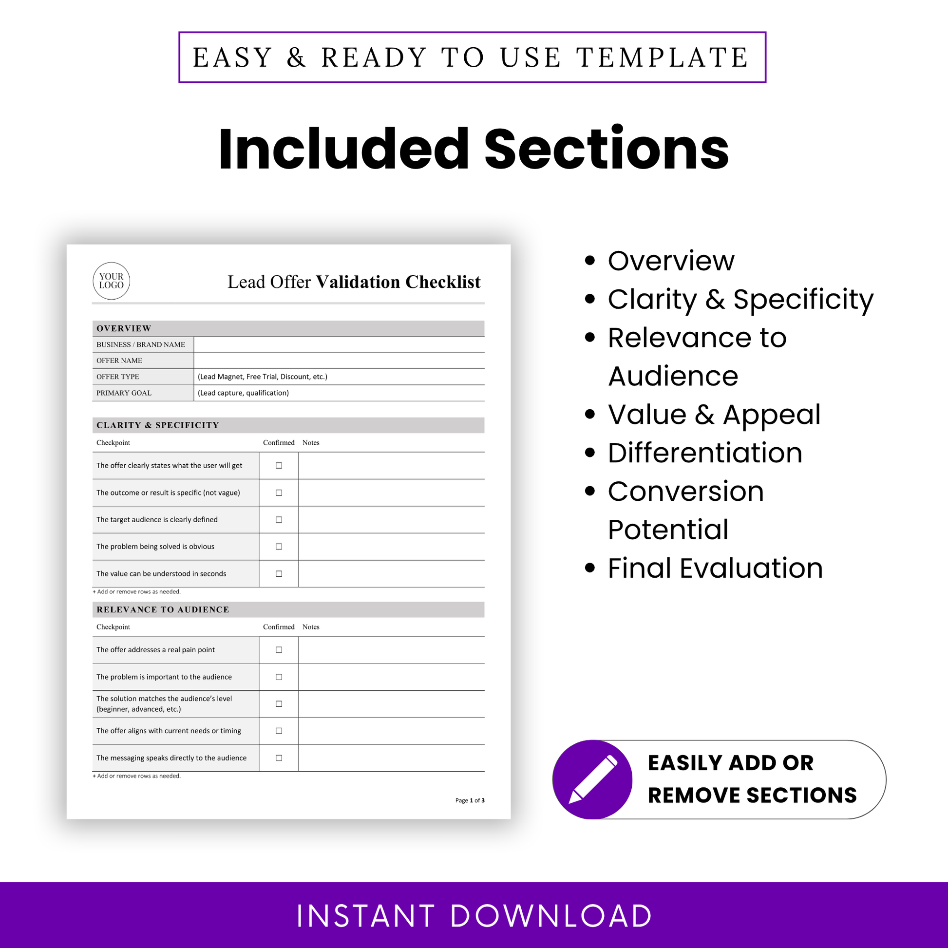 Lead Offer Validation Checklist Template PDF showcasing all sections including Overview, Clarity & Specificity, and Conversion Potential. This simple Lead Offer Validation Checklist template is designed for easy customization, making it a powerful business template for marketers and online businesses.
