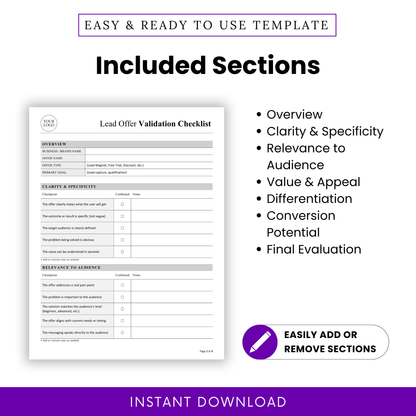 Lead Offer Validation Checklist Template PDF showcasing all sections including Overview, Clarity & Specificity, and Conversion Potential. This simple Lead Offer Validation Checklist template is designed for easy customization, making it a powerful business template for marketers and online businesses.