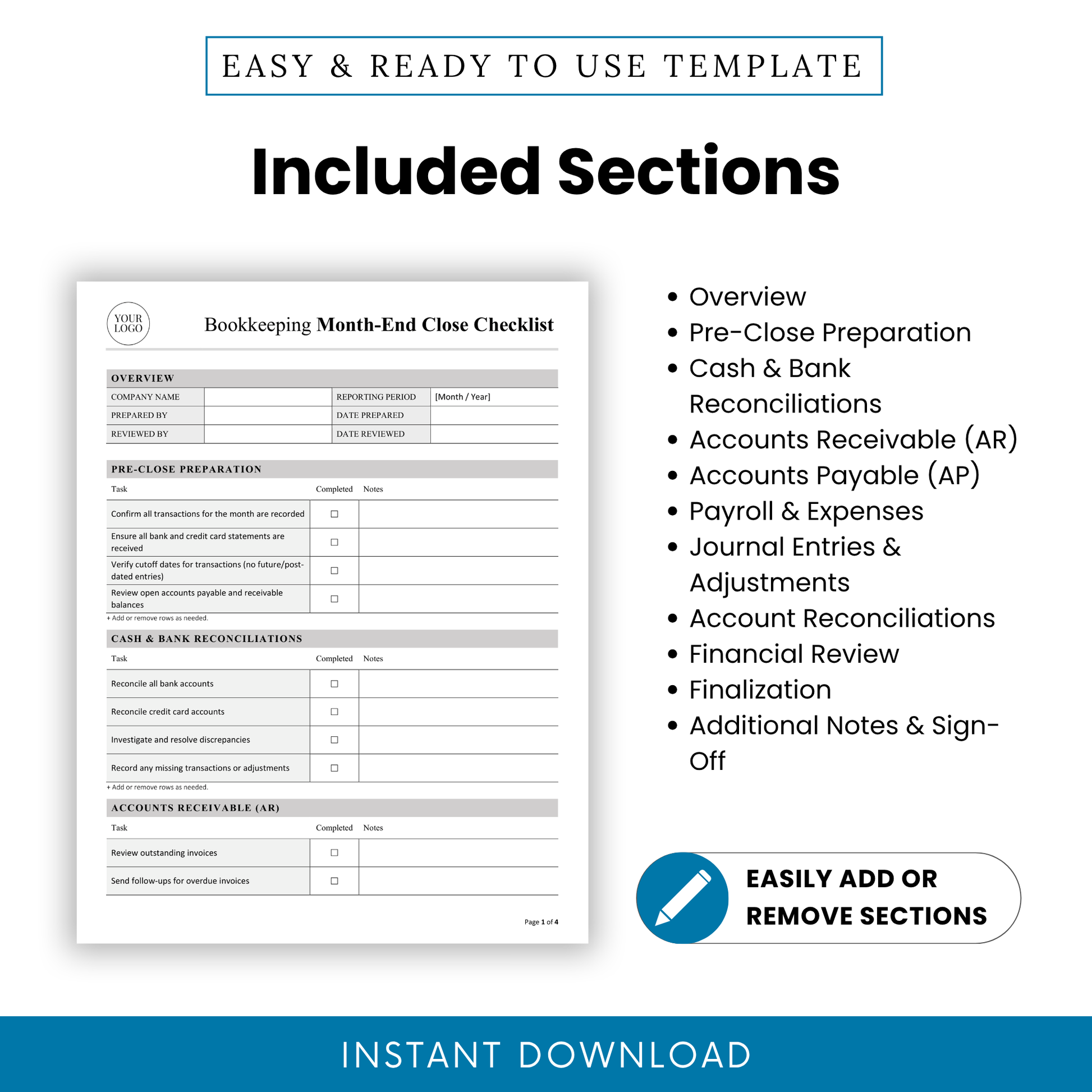 Accounting checklist sections overview including pre-close preparation, bank reconciliation, accounts receivable, accounts payable, payroll and financial review template