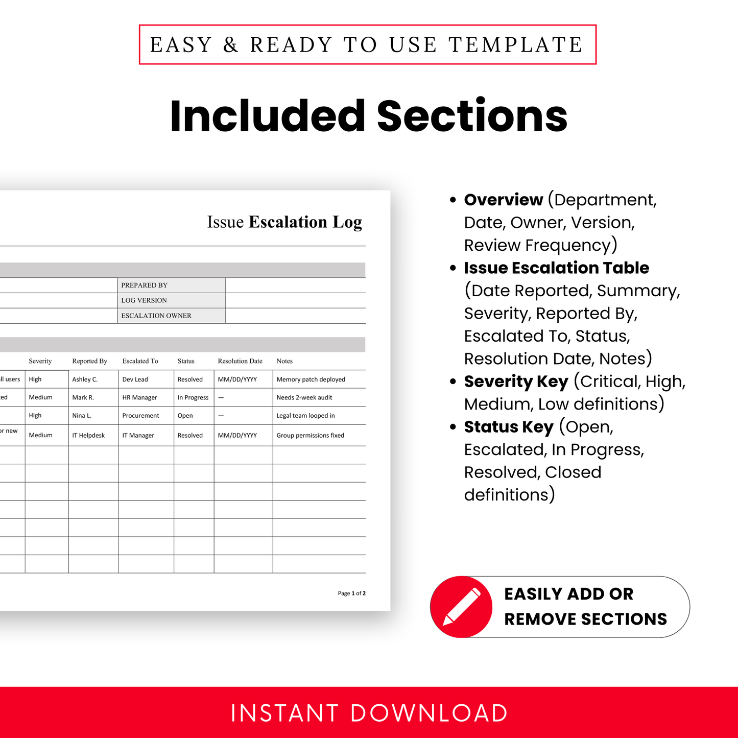 Issue escalation log template sections including overview fields escalation tracking table severity key and status definitions, structured format for internal incident reporting and workflow management