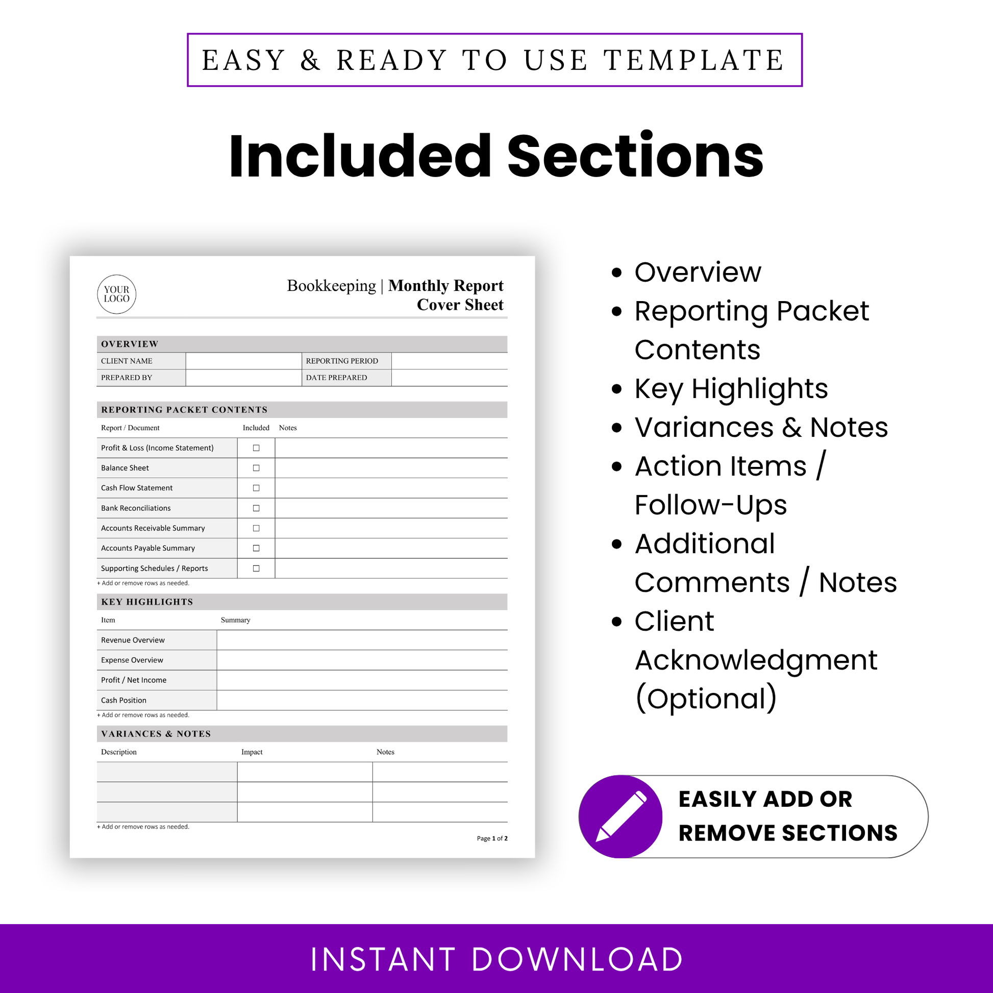 Bookkeeping report template sections list including overview, reporting packet contents, key highlights, variances and notes, action items follow ups, client acknowledgment, accounting document structure