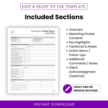 Bookkeeping report template sections list including overview, reporting packet contents, key highlights, variances and notes, action items follow ups, client acknowledgment, accounting document structure