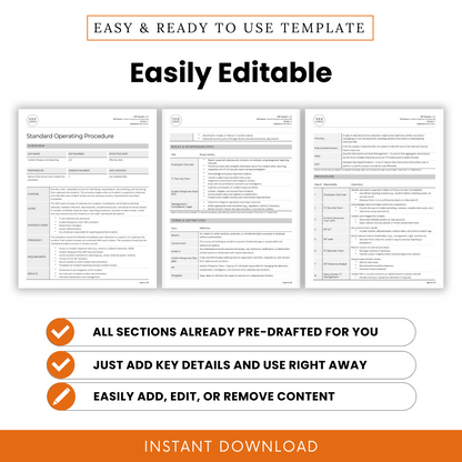A promotional image for a downloadable Incident Response & Reporting SOP template features the headline "Easily Editable" with a subheading that reads "Easy & Ready to Use Template." Three preview pages of the SOP document are shown. Below the previews are three orange and white checkmarks with bold text stating: "All sections already pre-drafted for you," "Just add key details and use right away," and "Easily add, edit, or remove content."