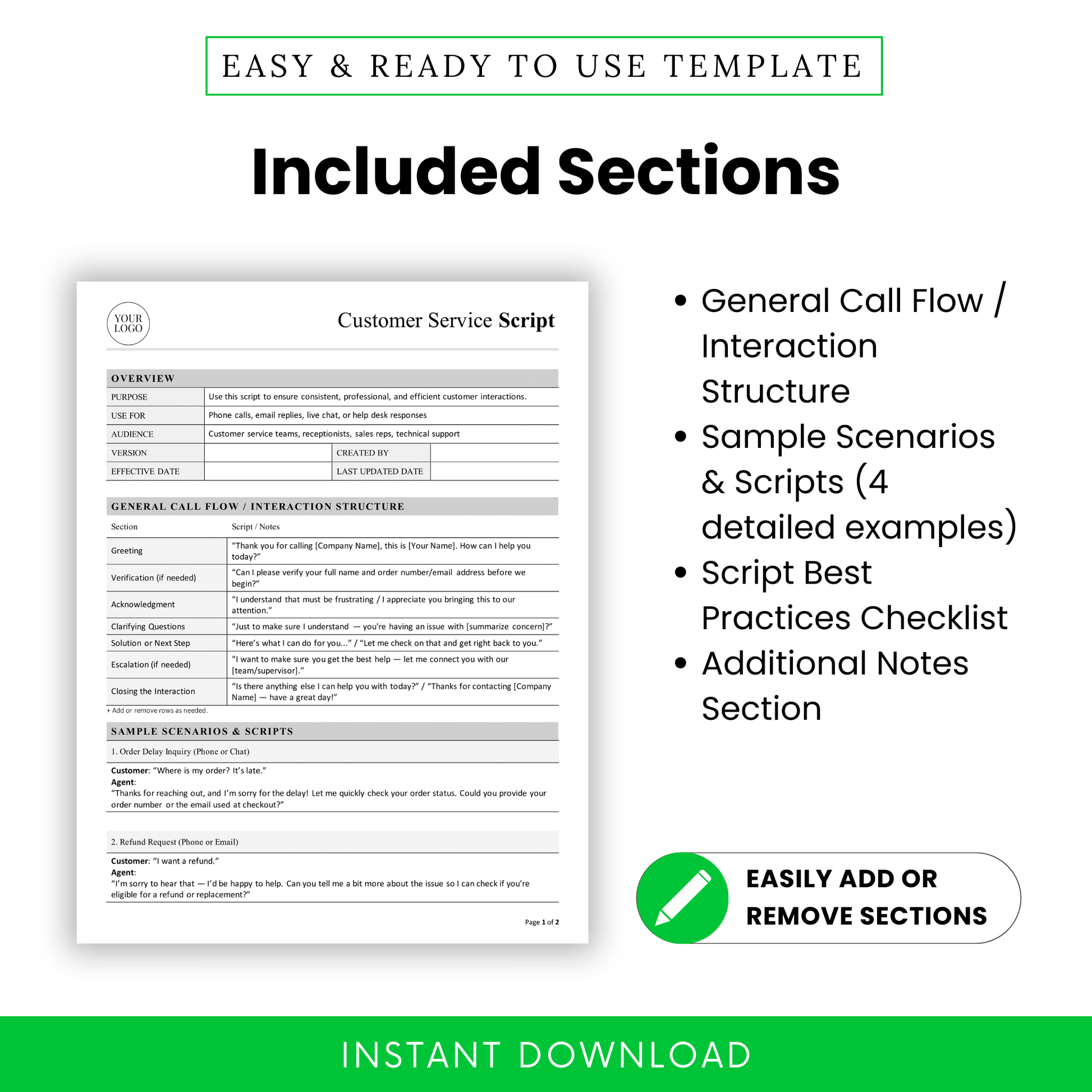 Customer service script template sections including general call flow, sample scenarios, best practices checklist, and notes section for customizable business support workflows