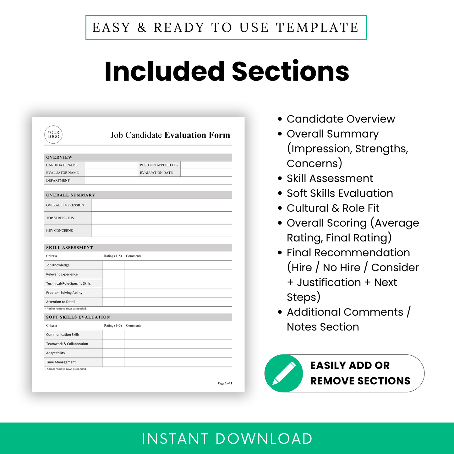 Job candidate evaluation template with sections for interview summary, skills rating, soft skills, cultural fit, and final hiring recommendation.