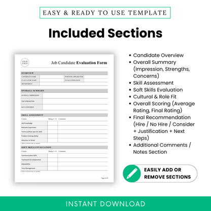 Job candidate evaluation template with sections for interview summary, skills rating, soft skills, cultural fit, and final hiring recommendation.
