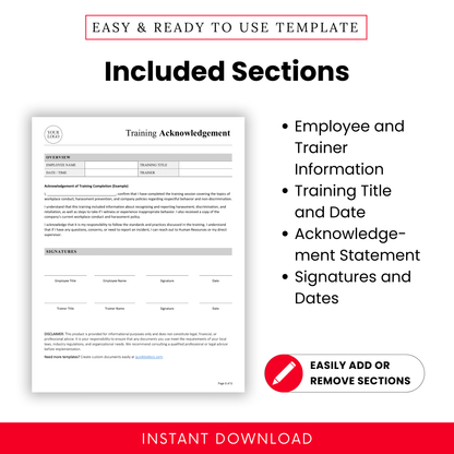 Training Acknowledgement form with included sections: Employee and Trainer Info, Training Title/Date, Acknowledgement Statement, and Signature Fields.