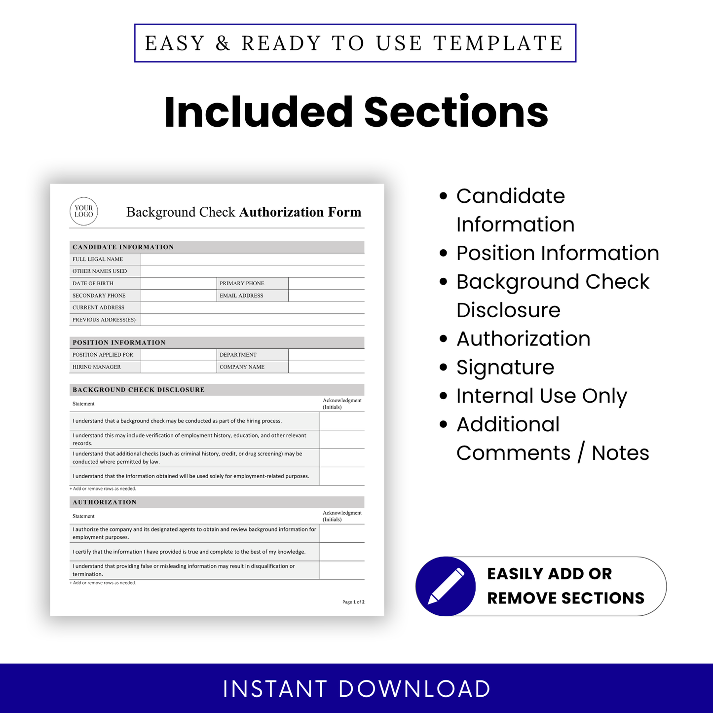 Background Check Authorization Form template showing clearly defined sections like Candidate Information and Authorization. This editable Background Check Authorization Form PDF is ideal for structured HR documentation and easy customization.