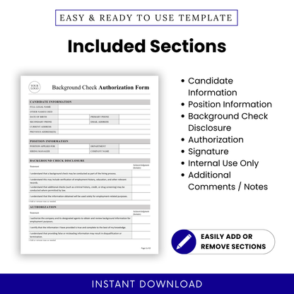 Background Check Authorization Form template showing clearly defined sections like Candidate Information and Authorization. This editable Background Check Authorization Form PDF is ideal for structured HR documentation and easy customization.