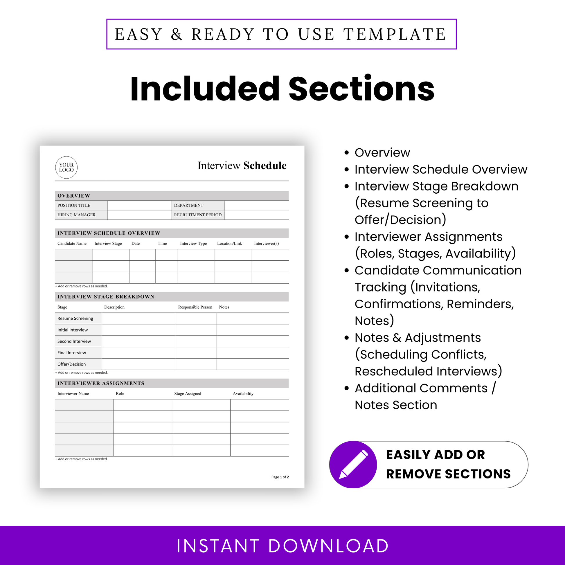 HR interview schedule template with sections for interview stages, interviewer assignments, and candidate communication tracking in a hiring workflow