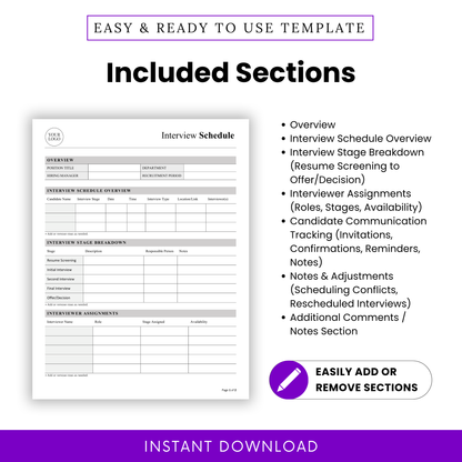 HR interview schedule template with sections for interview stages, interviewer assignments, and candidate communication tracking in a hiring workflow