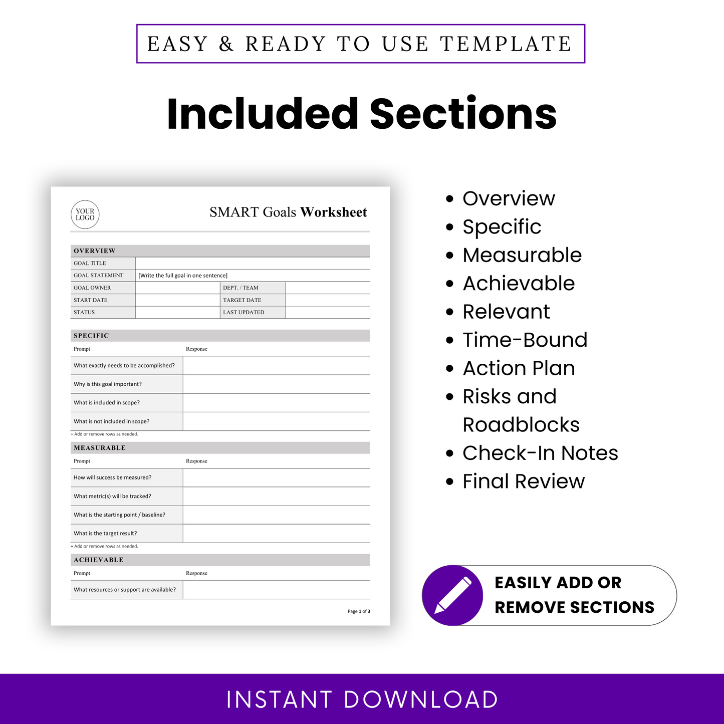 SMART goals worksheet sections list including overview, specific, measurable, achievable, relevant, time-bound, action plan, risks and roadblocks, check-in notes, and final review with editable layout