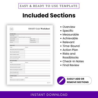 SMART goals worksheet sections list including overview, specific, measurable, achievable, relevant, time-bound, action plan, risks and roadblocks, check-in notes, and final review with editable layout
