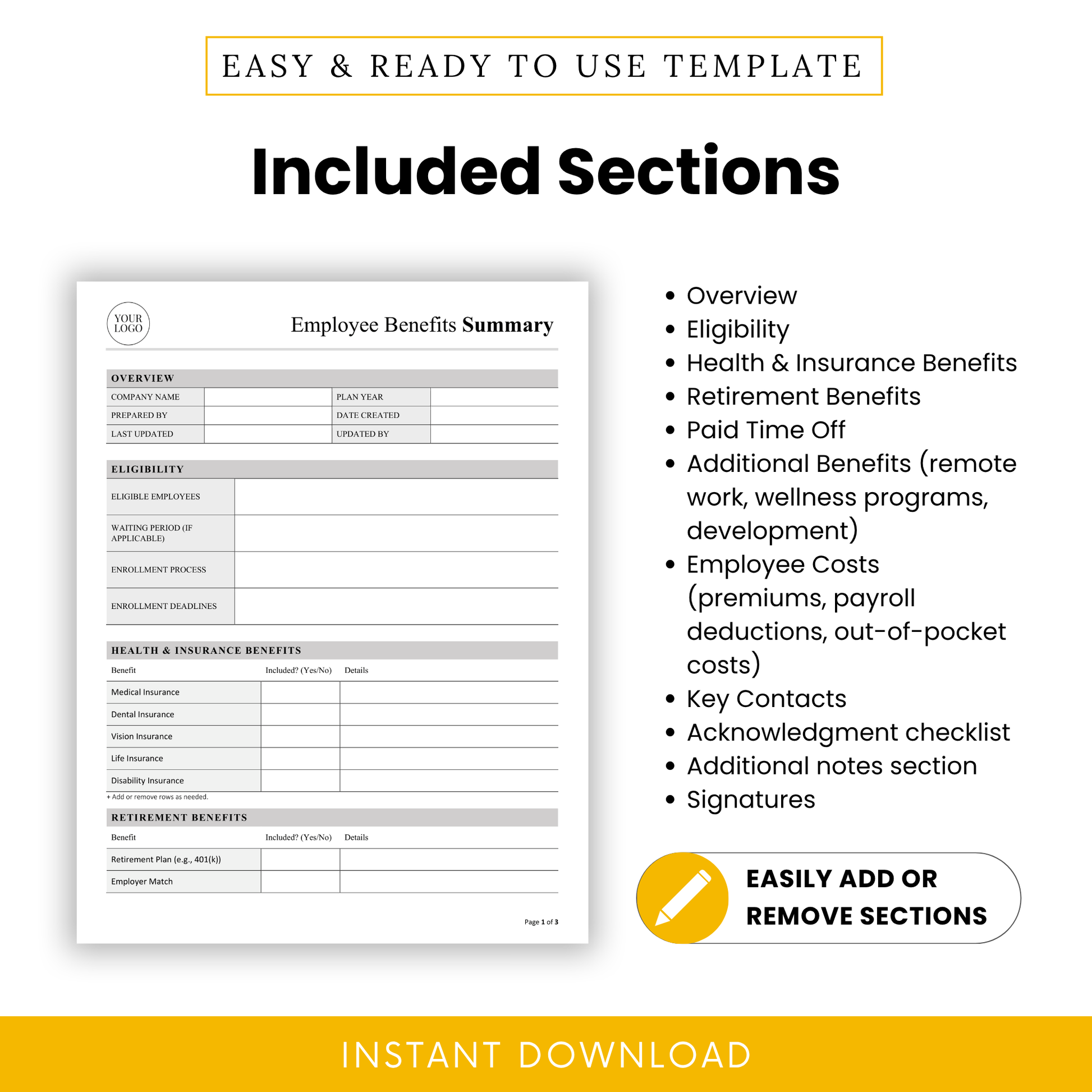 Employee benefits template sections list highlighting overview, eligibility, insurance benefits, retirement plans, PTO, additional perks, employee costs, HR contacts, and signature sections