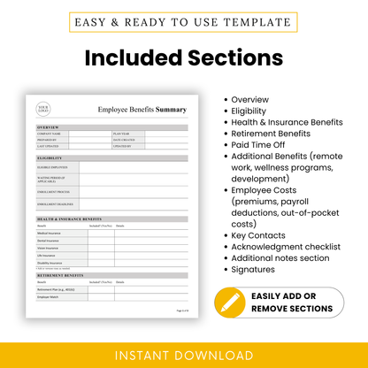 Employee benefits template sections list highlighting overview, eligibility, insurance benefits, retirement plans, PTO, additional perks, employee costs, HR contacts, and signature sections