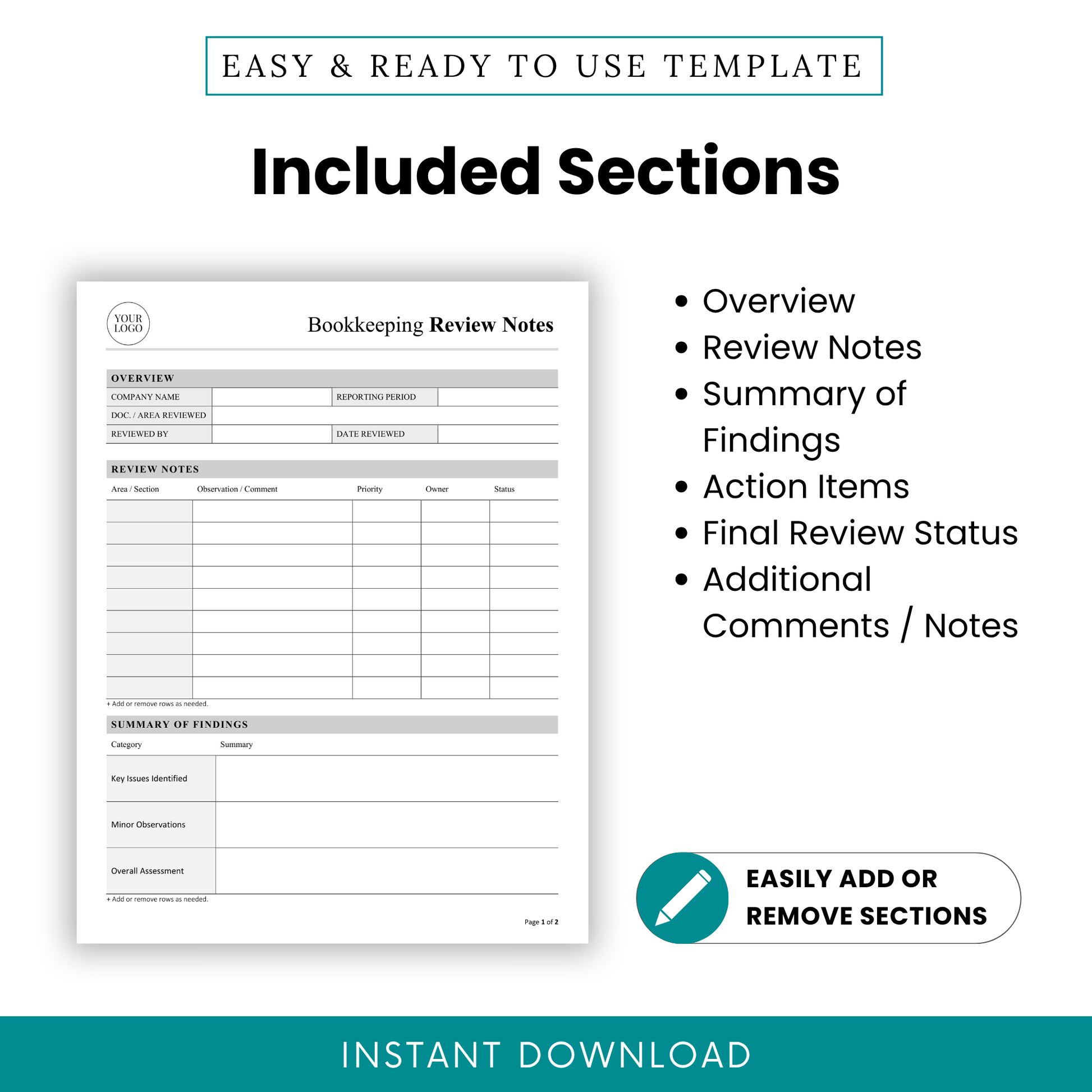 Editable bookkeeping template sections including overview, review notes, summary of findings, action items, final review status, and additional comments for accounting workflow organization
