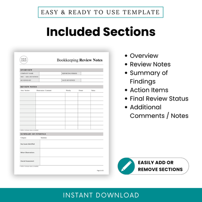 Editable bookkeeping template sections including overview, review notes, summary of findings, action items, final review status, and additional comments for accounting workflow organization