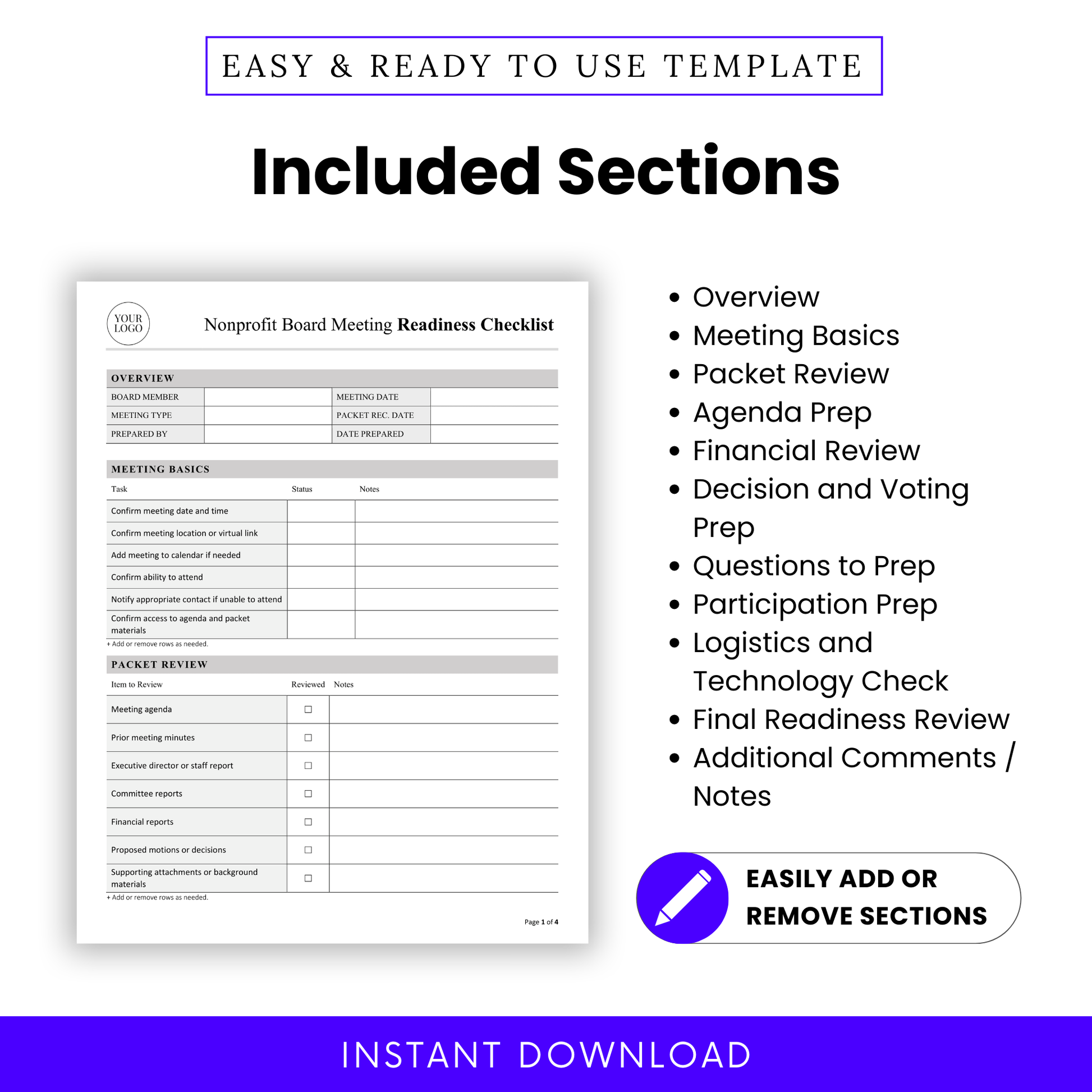 Nonprofit board meeting readiness checklist template image listing included sections such as overview, meeting basics, packet review, agenda prep, financial review, decision and voting prep, questions to prep, participation prep, logistics and technology check, final readiness review, and additional notes