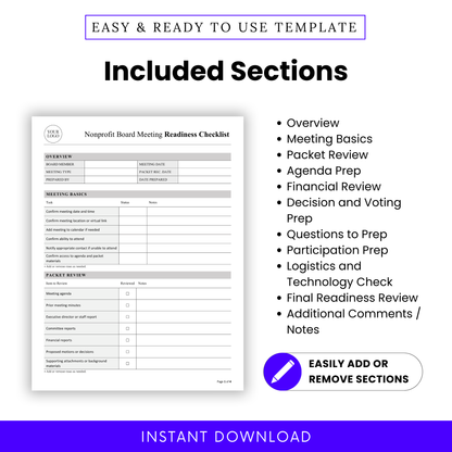 Nonprofit board meeting readiness checklist template image listing included sections such as overview, meeting basics, packet review, agenda prep, financial review, decision and voting prep, questions to prep, participation prep, logistics and technology check, final readiness review, and additional notes