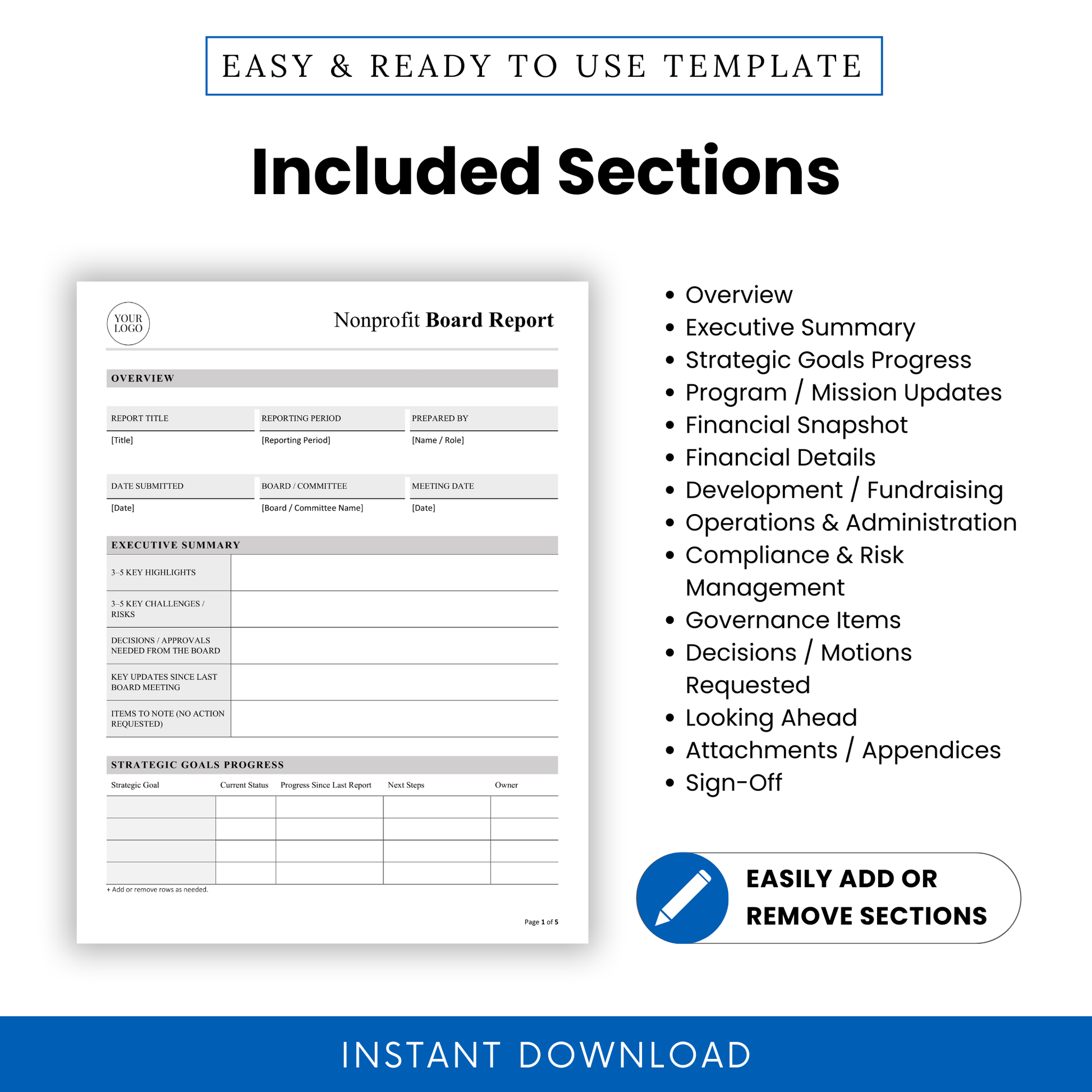 Editable nonprofit board report template section overview showing included sections such as overview, executive summary, strategic goals progress, program updates, financial snapshot, governance items, compliance and risk management, decisions requested, appendices, and sign-off