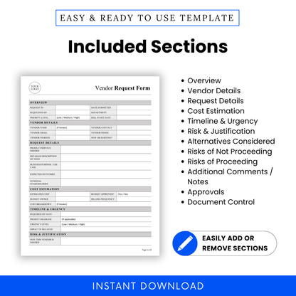 Vendor Request Form template highlighting all included sections like vendor details, cost estimation, and approvals, ideal for organized procurement and workflow tracking.