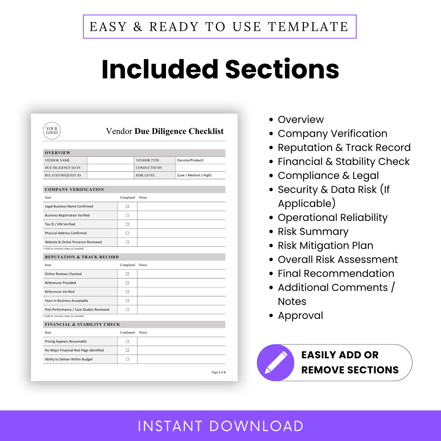 Vendor Due Diligence Checklist showing all included sections like company verification, financial checks, and risk assessment. This Vendor Due Diligence Template PDF is designed for professionals who need a comprehensive, customizable business checklist.