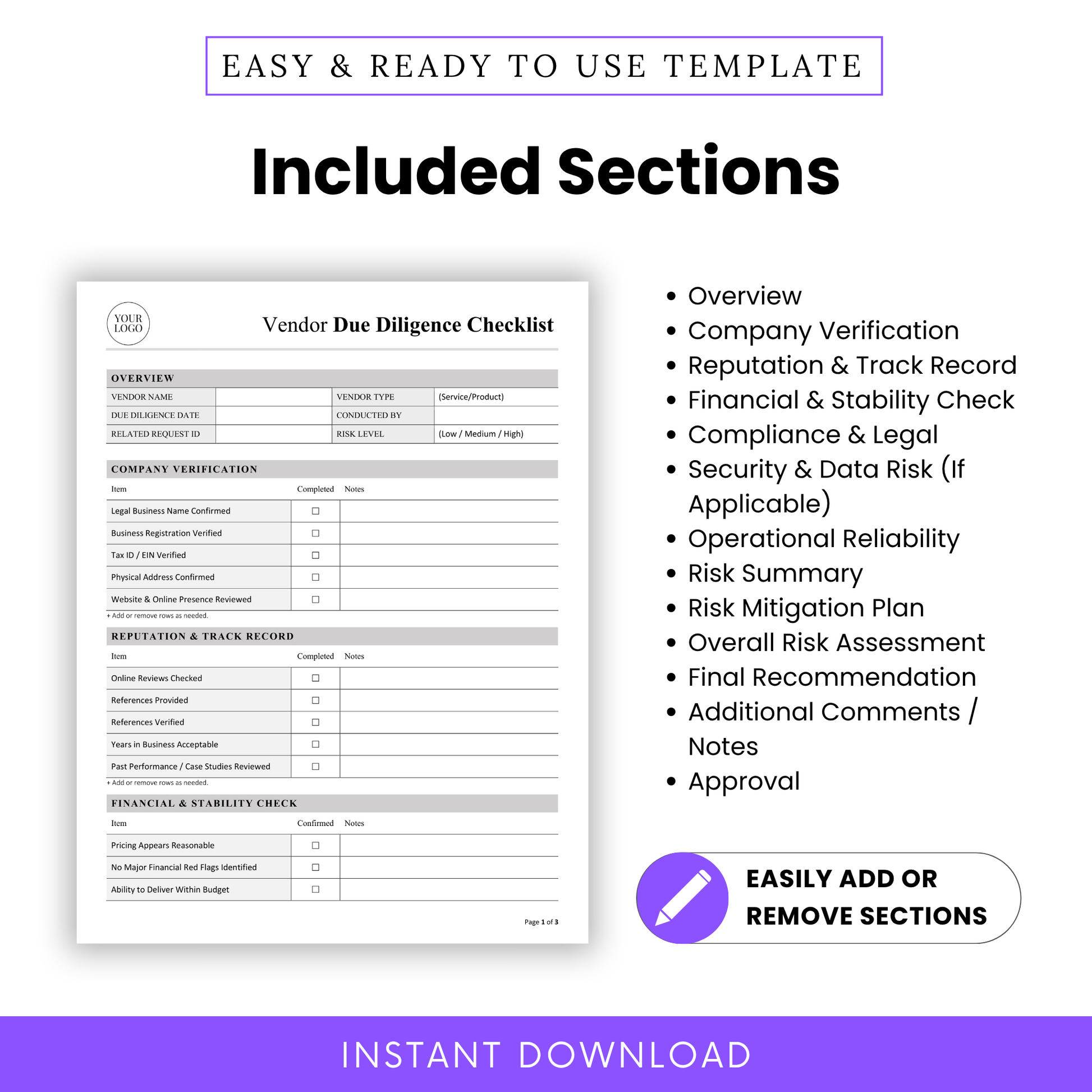 Vendor Due Diligence Checklist showing all included sections like company verification, financial checks, and risk assessment. This Vendor Due Diligence Template PDF is designed for professionals who need a comprehensive, customizable business checklist.