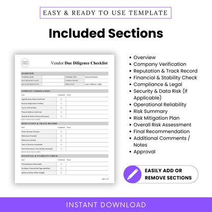 Vendor Due Diligence Checklist showing all included sections like company verification, financial checks, and risk assessment. This Vendor Due Diligence Template PDF is designed for professionals who need a comprehensive, customizable business checklist.