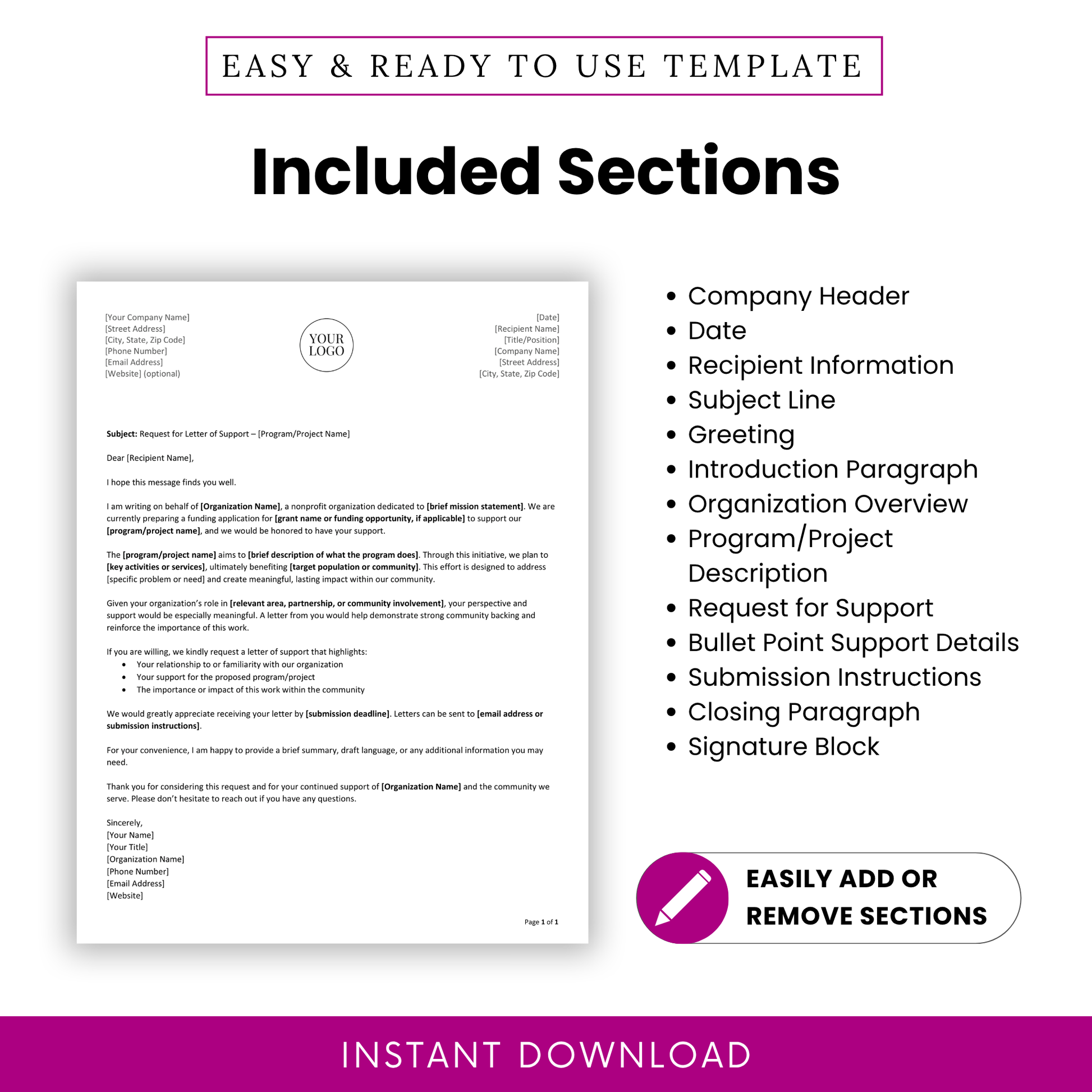 Letter of Support Template with detailed sections including header, introduction, project description, and signature block. This simple, editable business template helps nonprofits and professionals organize their message clearly and create impactful support requests.