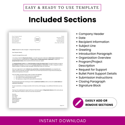 Letter of Support Template with detailed sections including header, introduction, project description, and signature block. This simple, editable business template helps nonprofits and professionals organize their message clearly and create impactful support requests.