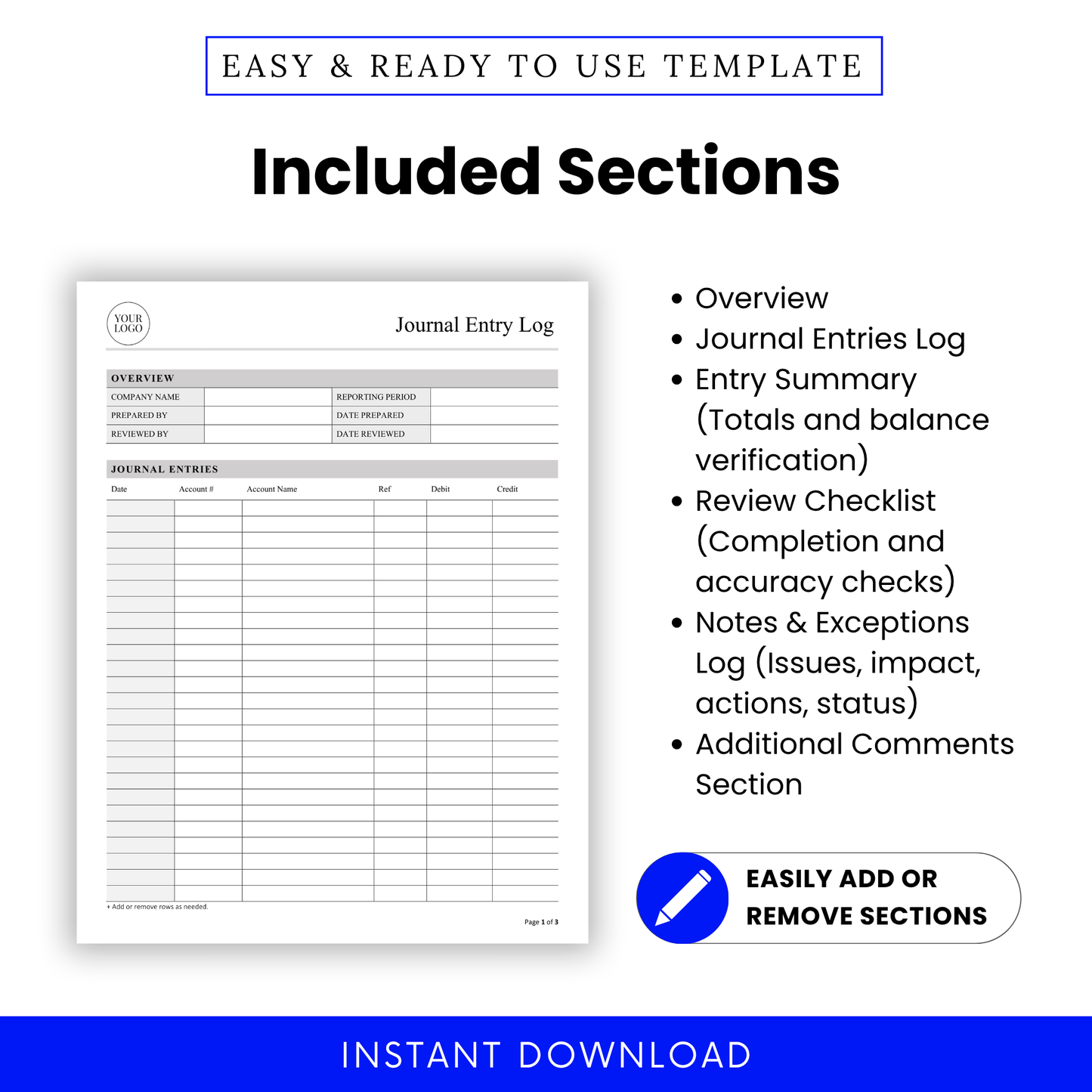 Journal entry template sections overview showing accounting log, entry summary, review checklist, and notes section for financial tracking and bookkeeping organization